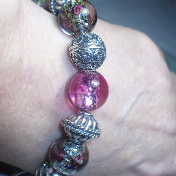 Pink Flower Glass beads Sterling silver Bracelet - Picture 1 of 7